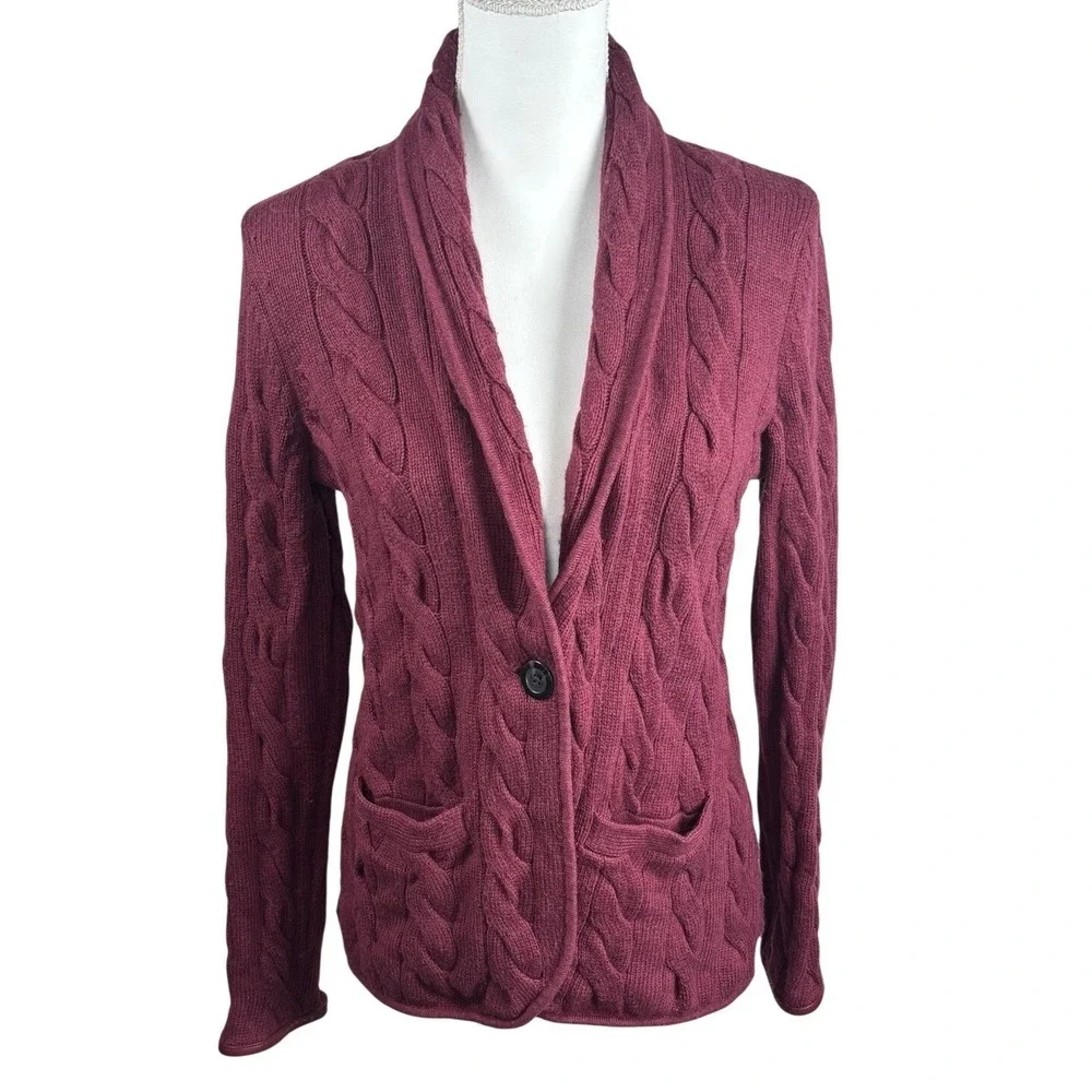 Talbots Cable Knit‎ Cardigan Sweater Jacket Size M Petite Cozy Chunky Wine